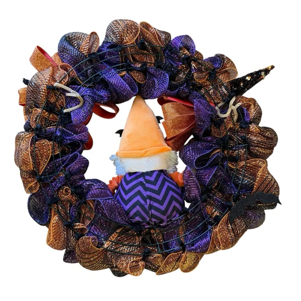 Halloween Mesh Wreath with Gnomes – Purple, Orange & Black Ribbon – 22″